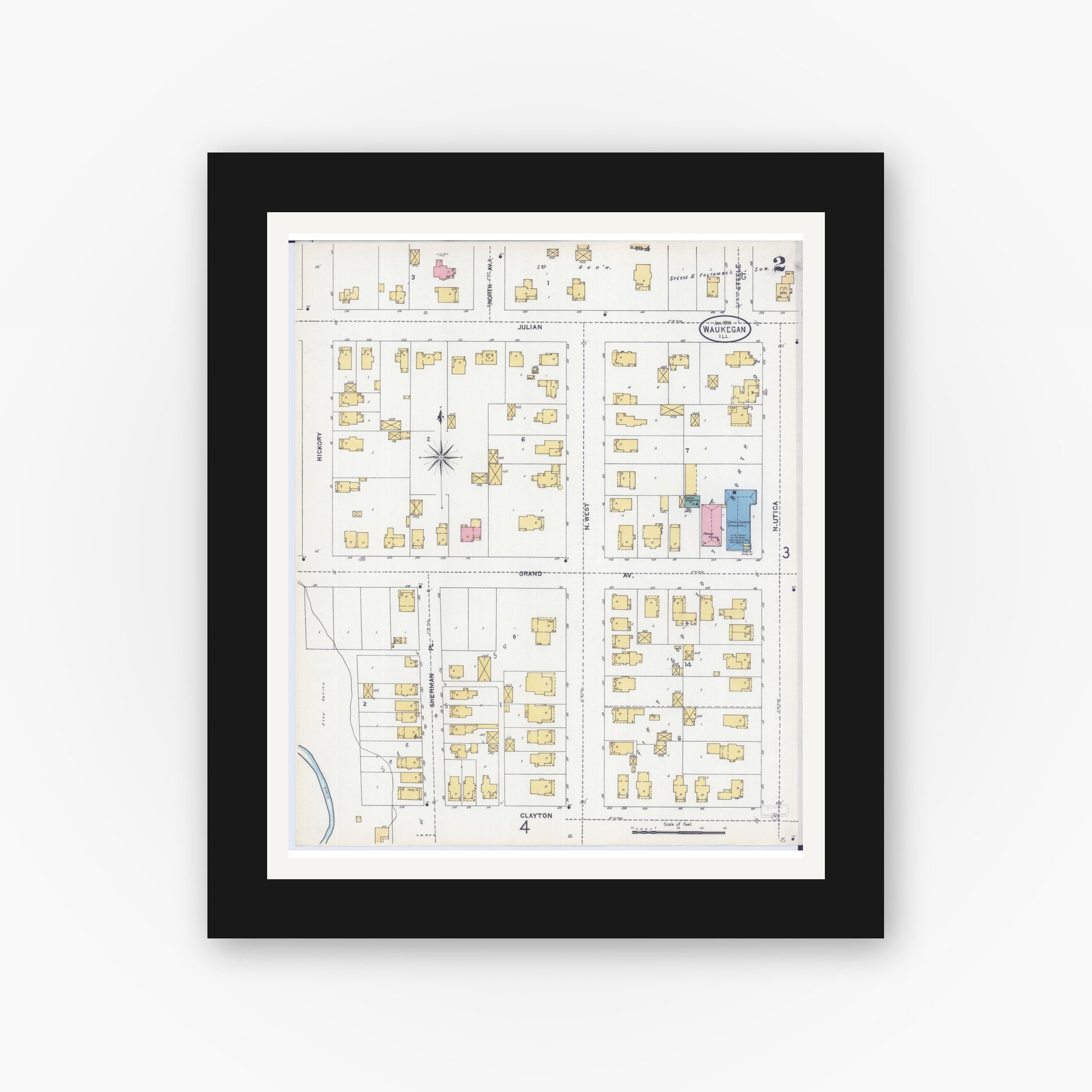 Old map wall art mockup — black gallery frame with white mat — Sanborn Fire Insurance Map from Waukegan, Lake County, Illinois (1906), Sheet #0002