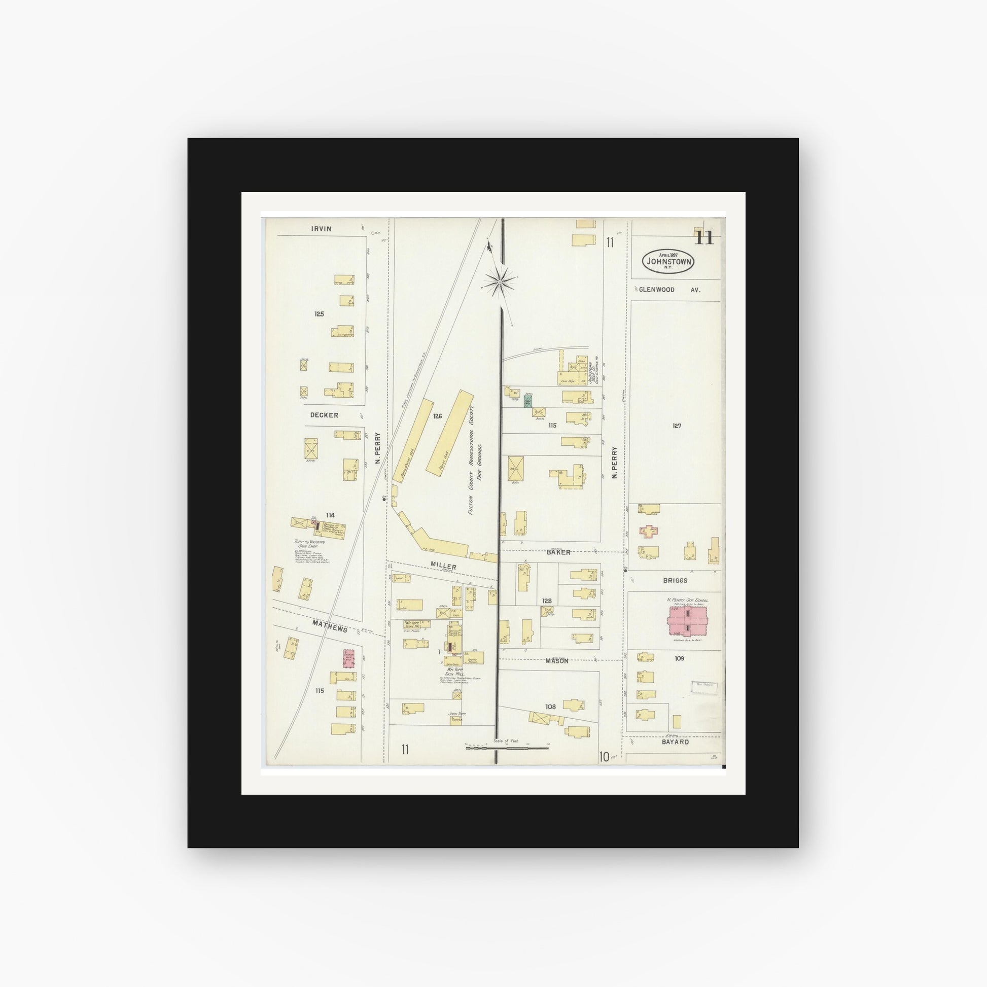 Old map wall art mockup — black gallery frame with white mat — Sanborn Fire Insurance Map from Johnstown, Fulton County, New York (1897), Sheet #0011