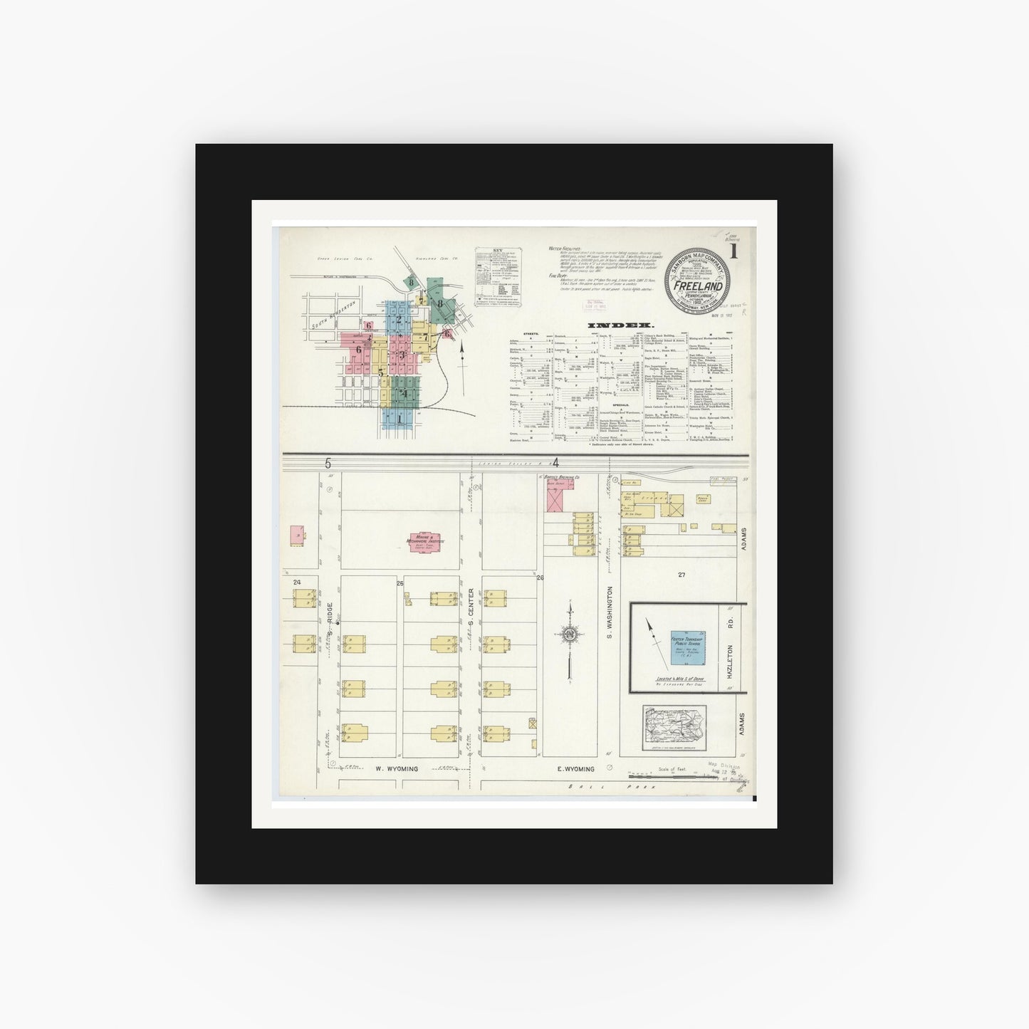 Old map wall art mockup — black gallery frame with white mat — Sanborn Fire Insurance Map from Freeland, Luzerne County, Pennsylvania (1912), Sheet #0001
