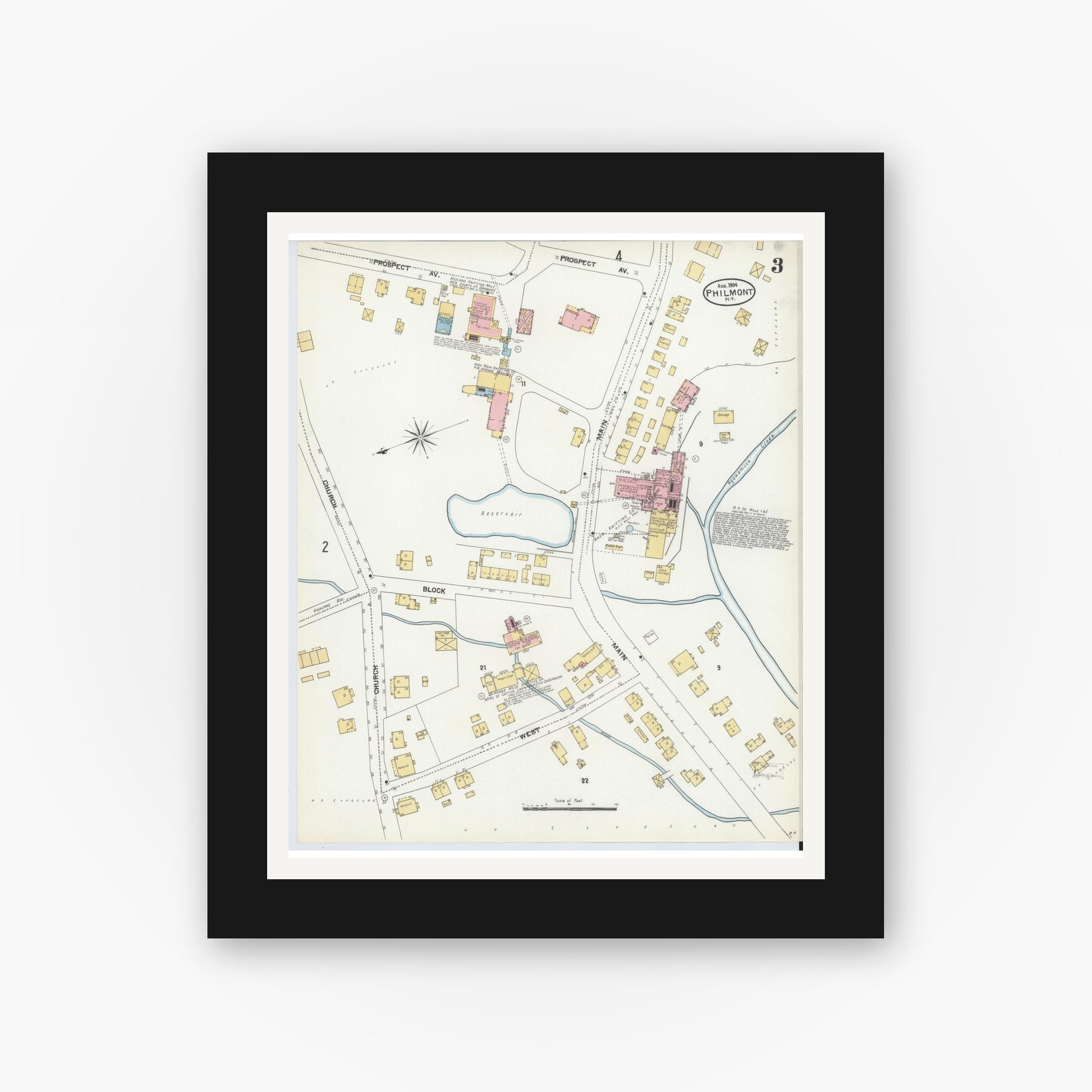 Old map wall art mockup — black gallery frame with white mat — Sanborn Fire Insurance Map from Philmont, Columbia County, New York (1904), Sheet #0003