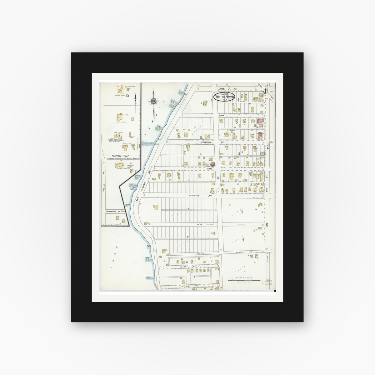 Old map wall art mockup — black gallery frame with white mat — Sanborn Fire Insurance Map from Winter Haven, Polk County, Florida (1919), Sheet #0004
