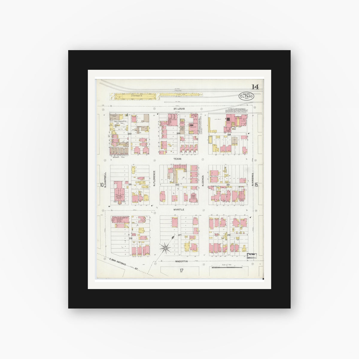 Old map wall art mockup — black gallery frame with white mat — Sanborn Fire Insurance Map from El Paso, El Paso County, Texas (1902), Sheet #0014
