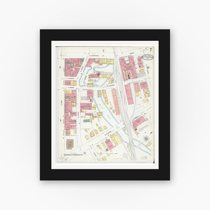 Old map wall art mockup — black gallery frame with white mat — Sanborn Fire Insurance Map from Battle Creek, Calhoun County, Michigan (1907), Sheet #0007