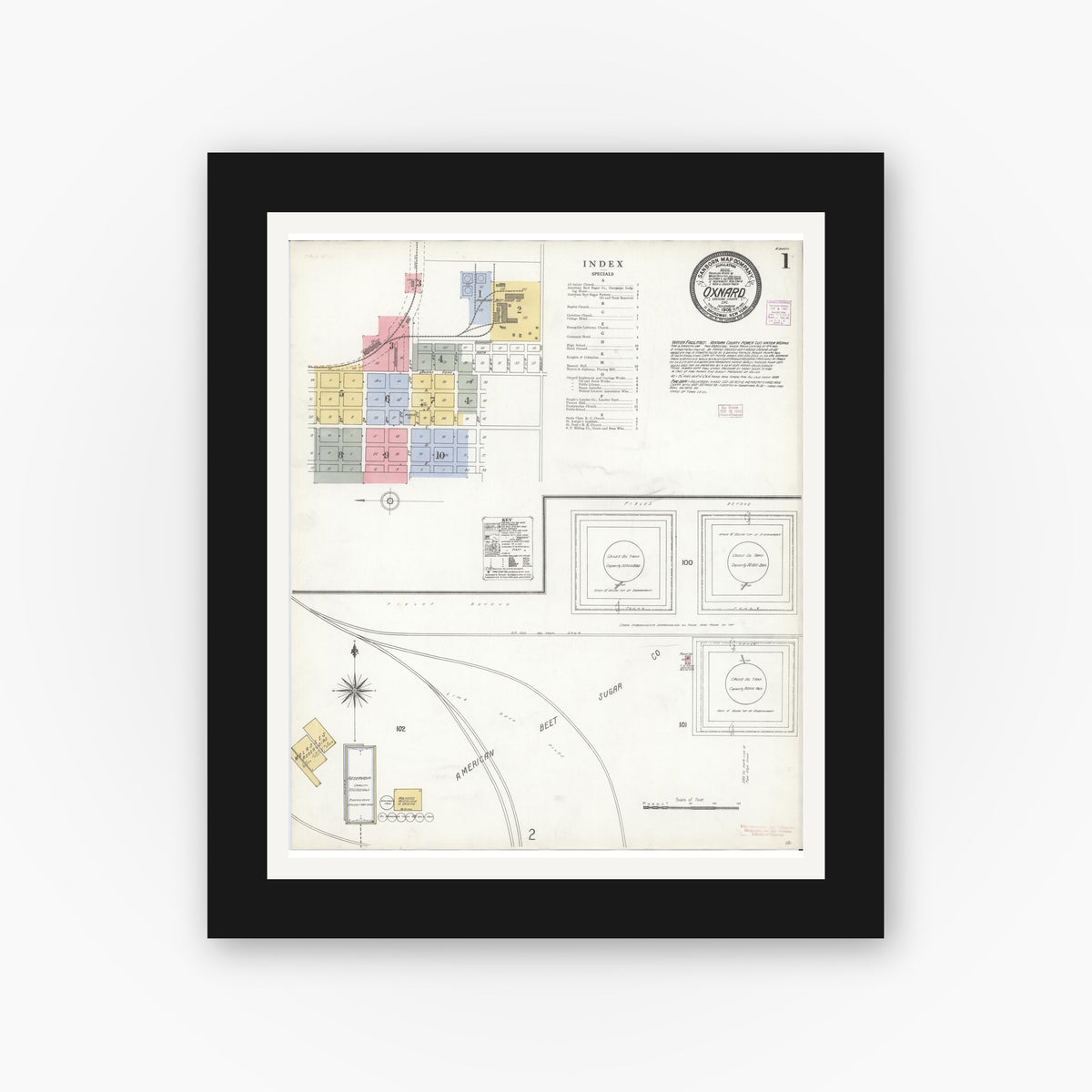 Old map wall art mockup — black gallery frame with white mat — Sanborn Fire Insurance Map from Oxnard, Ventura County, California (1906) - Complete Map Set