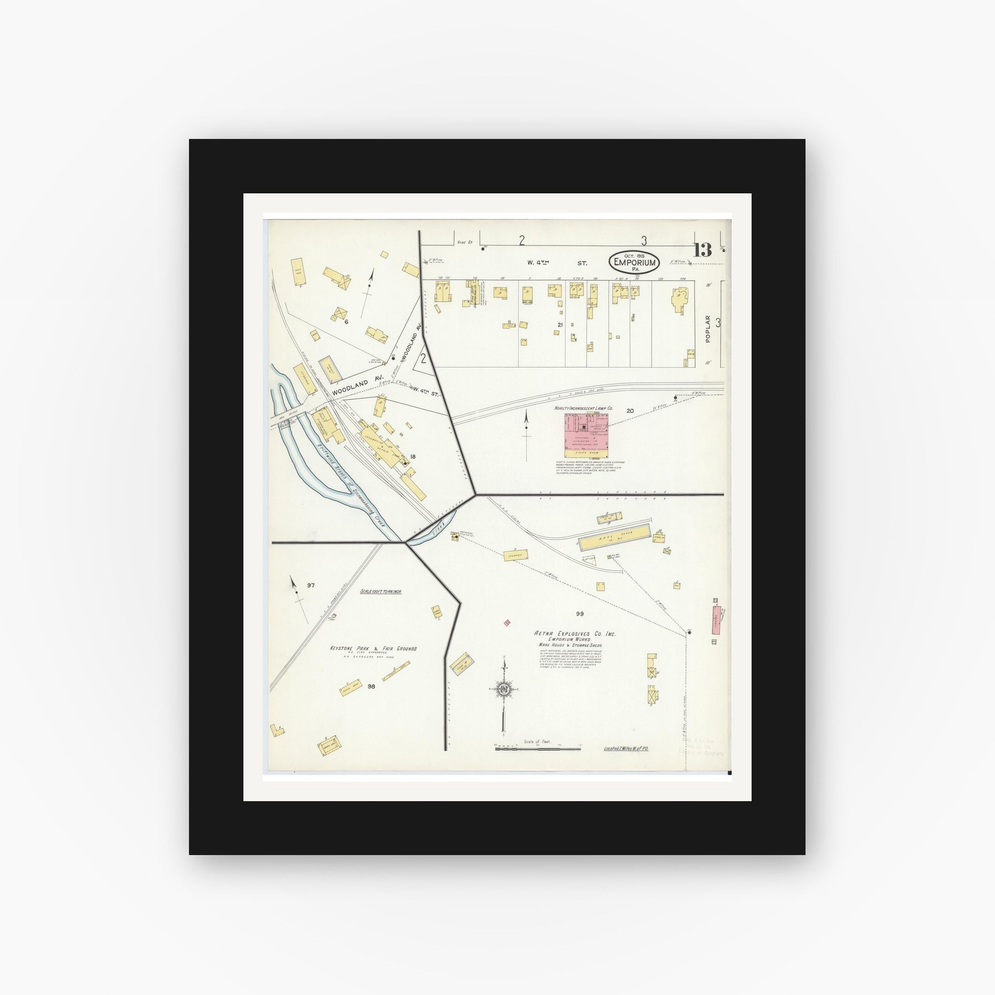 Old map wall art mockup — black gallery frame with white mat — Sanborn Fire Insurance Map from Emporium, Cameron County, Pennsylvania (1915), Sheet #0013
