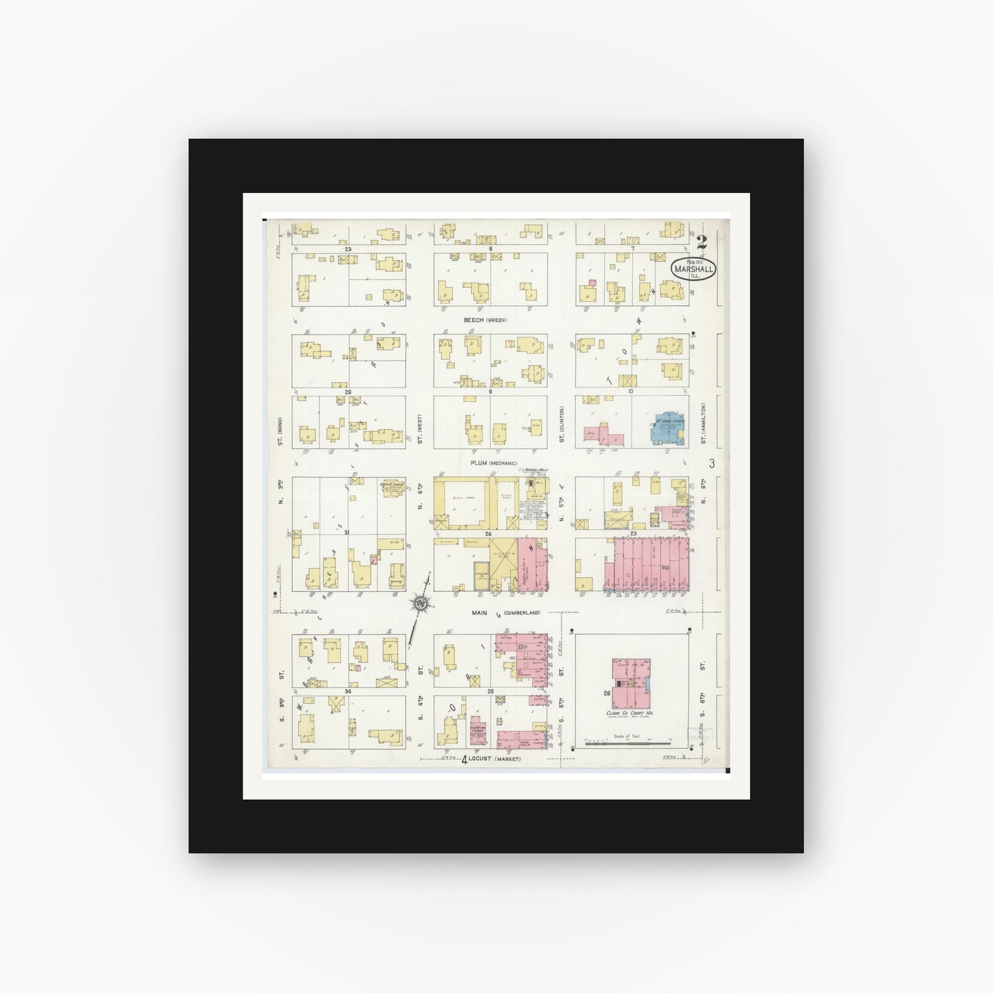 Old map wall art mockup — black gallery frame with white mat — Sanborn Fire Insurance Map from Marshall, Clark County, Illinois (1912), Sheet #0002
