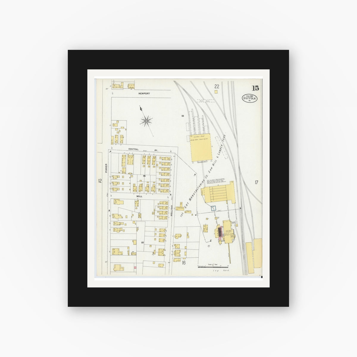 Old map wall art mockup — black gallery frame with white mat — Sanborn Fire Insurance Map from Suffolk, Independent Cities, Virginia (1903), Sheet #0015