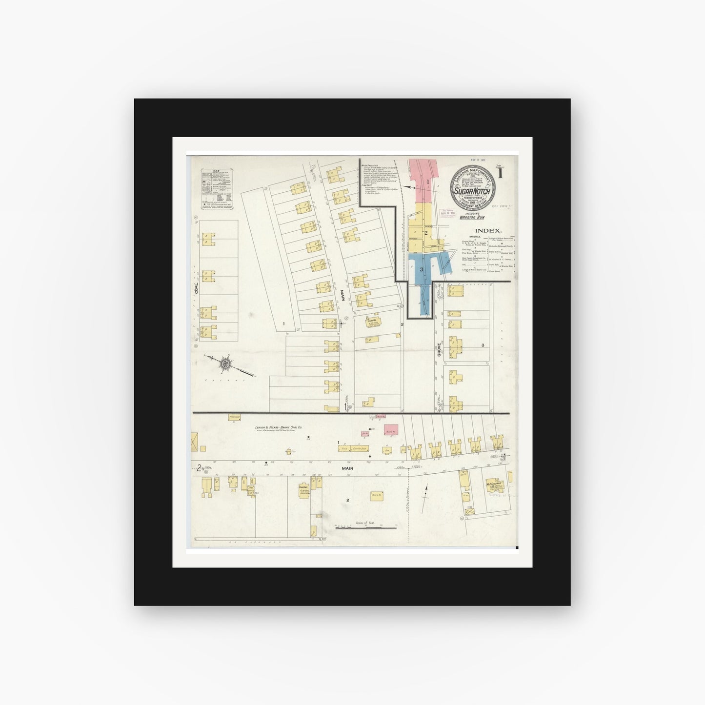 Old map wall art mockup — black gallery frame with white mat — Sanborn Fire Insurance Map from Sugar Notch, Luzerne County, Pennsylvania (1911), Sheet #0001