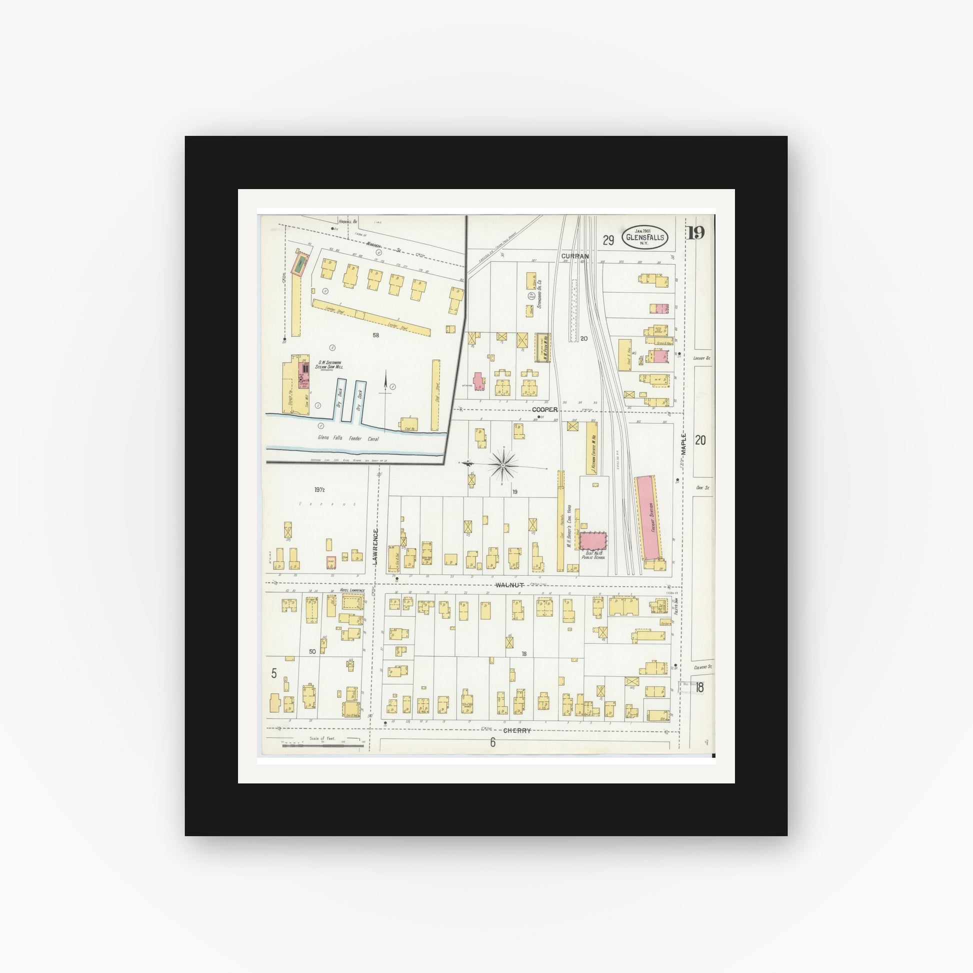 Old map wall art mockup — black gallery frame with white mat — Sanborn Fire Insurance Map from Glens Falls, Warren County, New York (1901), Sheet #0019