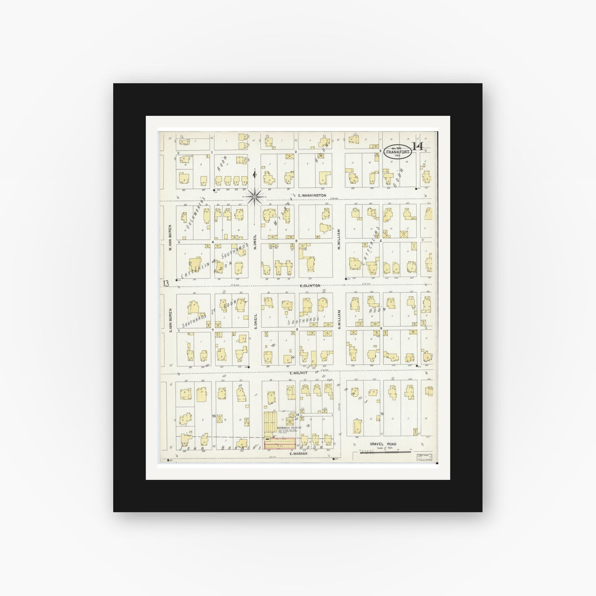 Old map wall art mockup — black gallery frame with white mat — Sanborn Fire Insurance Map from Frankfort, Clinton County, Indiana (1906), Sheet #0014