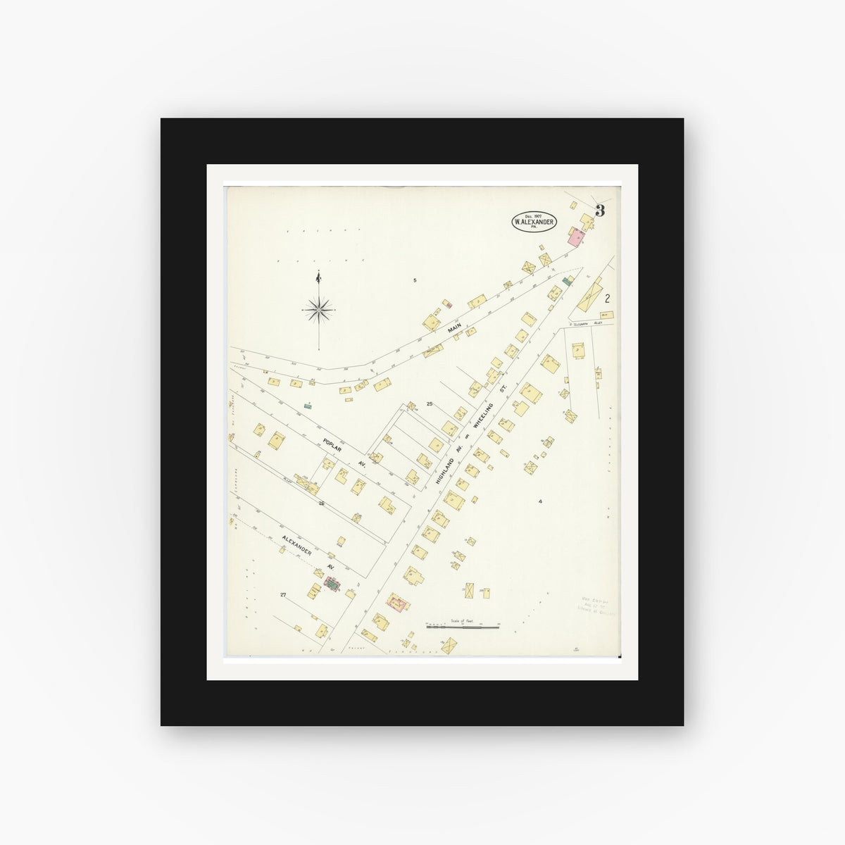 Old map wall art mockup — black gallery frame with white mat — Sanborn Fire Insurance Map from West Alexander, Washington County, Pennsylvania (1907), Sheet #0003