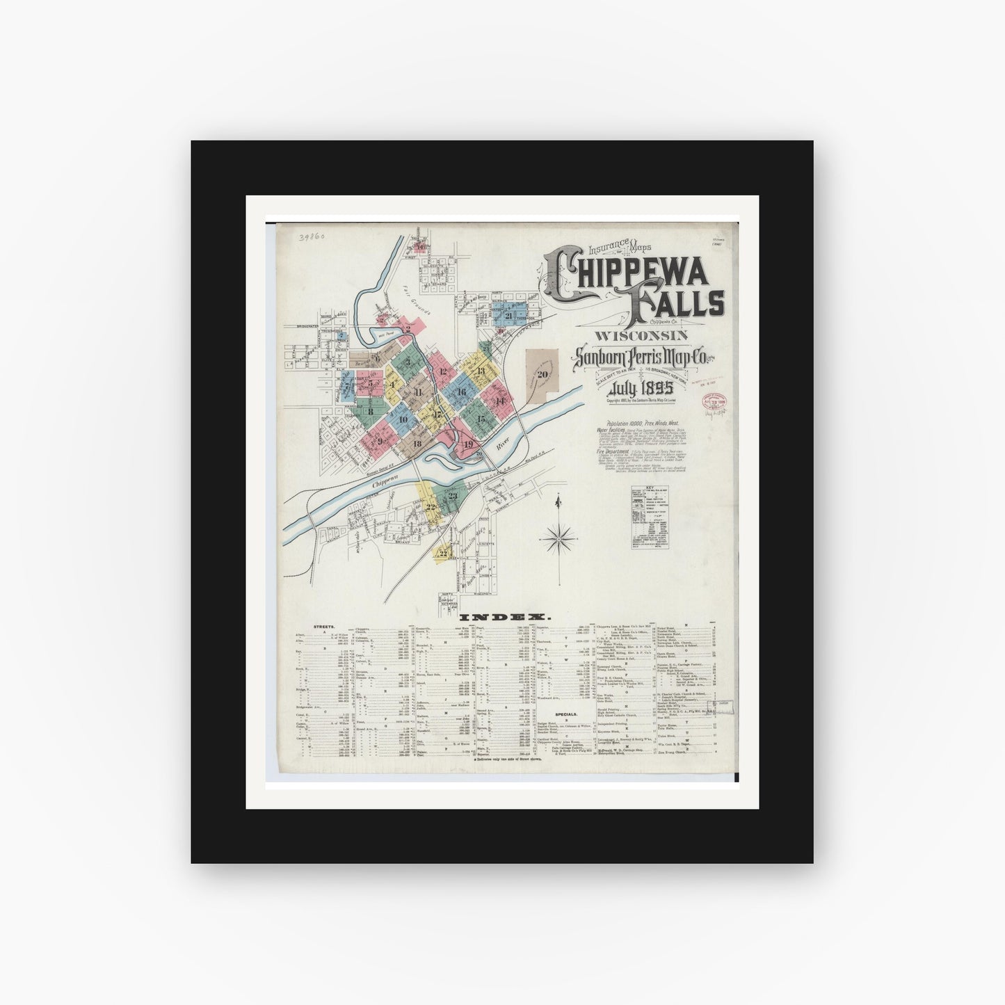 Old map wall art mockup — black gallery frame with white mat — Sanborn Fire Insurance Map from Chippewa Falls, Chippewa County, Wisconsin (1895) - Complete Map Set