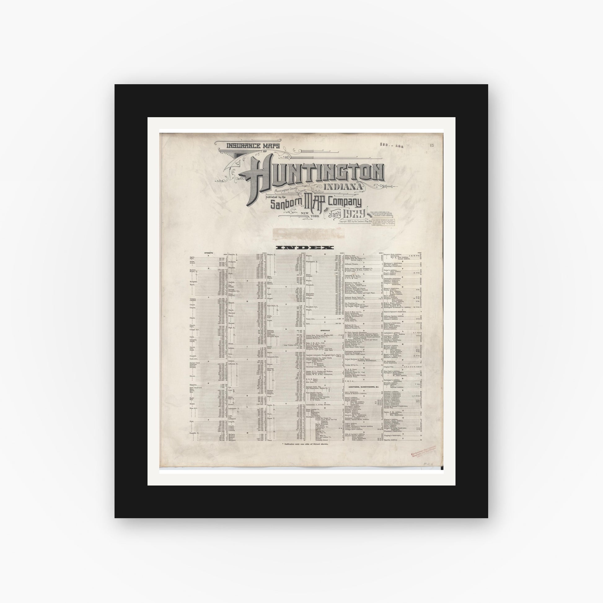 Old map wall art mockup — black gallery frame with white mat — Sanborn Fire Insurance Map from Huntington, Huntington County, Indiana (1946), Sheet #0001