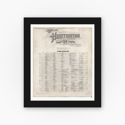 Old map wall art mockup — black gallery frame with white mat — Sanborn Fire Insurance Map from Huntington, Huntington County, Indiana (1946), Sheet #0001