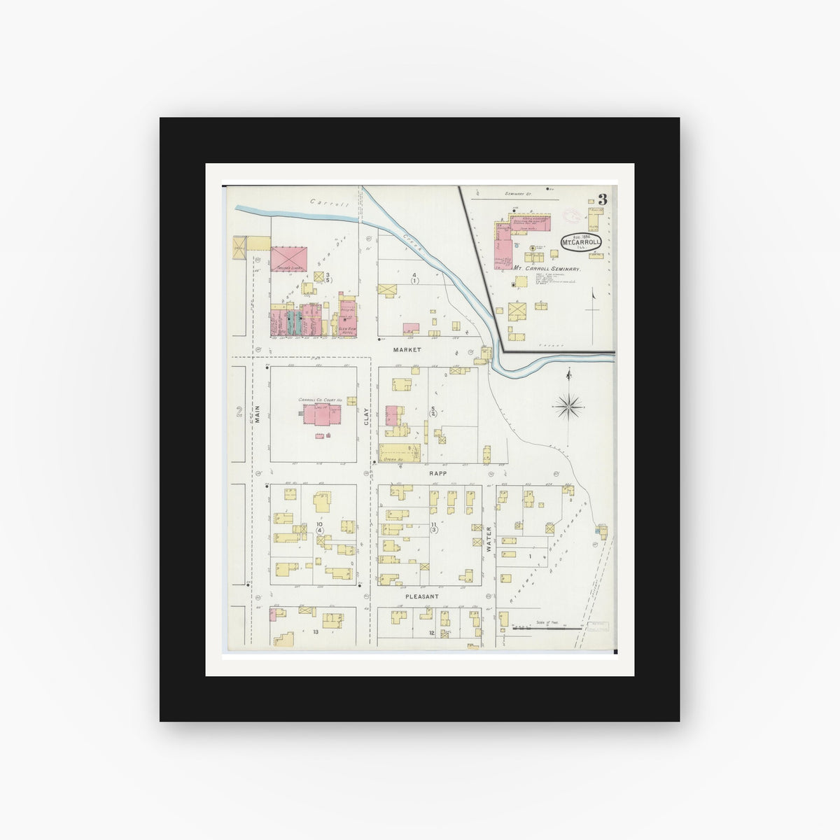 Old map wall art mockup — black gallery frame with white mat — Sanborn Fire Insurance Map from Mount Carroll, Carroll County, Illinois (1894), Sheet #0003
