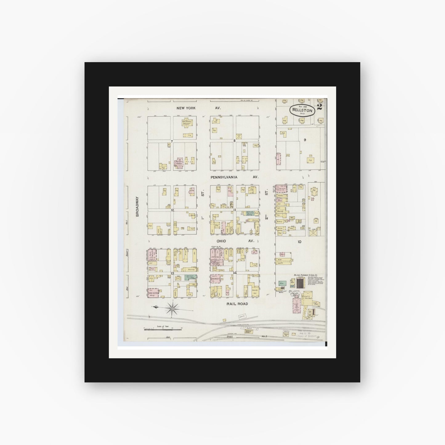 Old map wall art mockup — black gallery frame with white mat — Sanborn Fire Insurance Map from Wellston, Jackson County, Ohio (1888), Sheet #0002