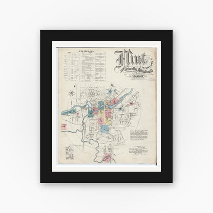 Old map wall art mockup — black gallery frame with white mat — Sanborn Fire Insurance Map from Flint, Genesee County, Michigan (1886), Sheet #0001