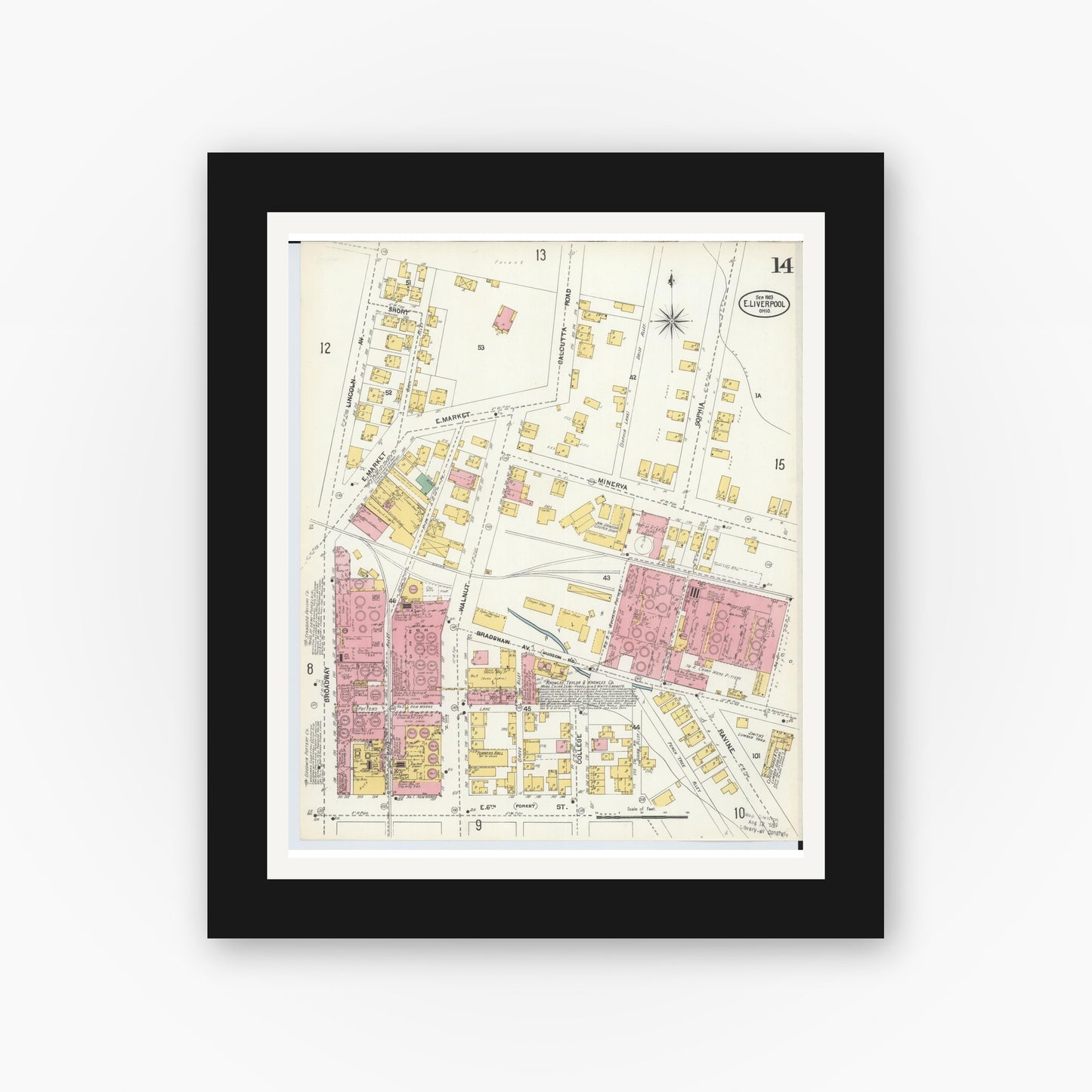 Old map wall art mockup — black gallery frame with white mat — Sanborn Fire Insurance Map from East Liverpool, Columbiana County, Ohio (1903), Sheet #0014