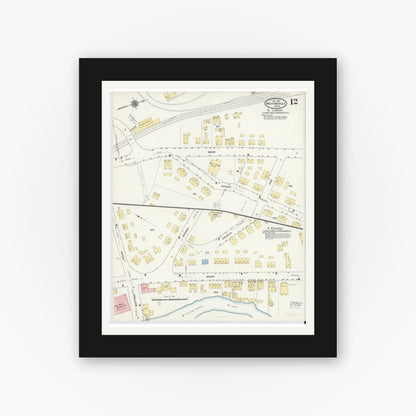 Old map wall art mockup — black gallery frame with white mat — Sanborn Fire Insurance Map from Whitinsville, Worcester County, Massachusetts (1910), Sheet #0012