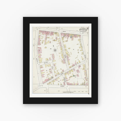 Old map wall art mockup — black gallery frame with white mat — Sanborn Fire Insurance Map from Poughkeepsie, Dutchess County, New York (1887), Sheet #0008