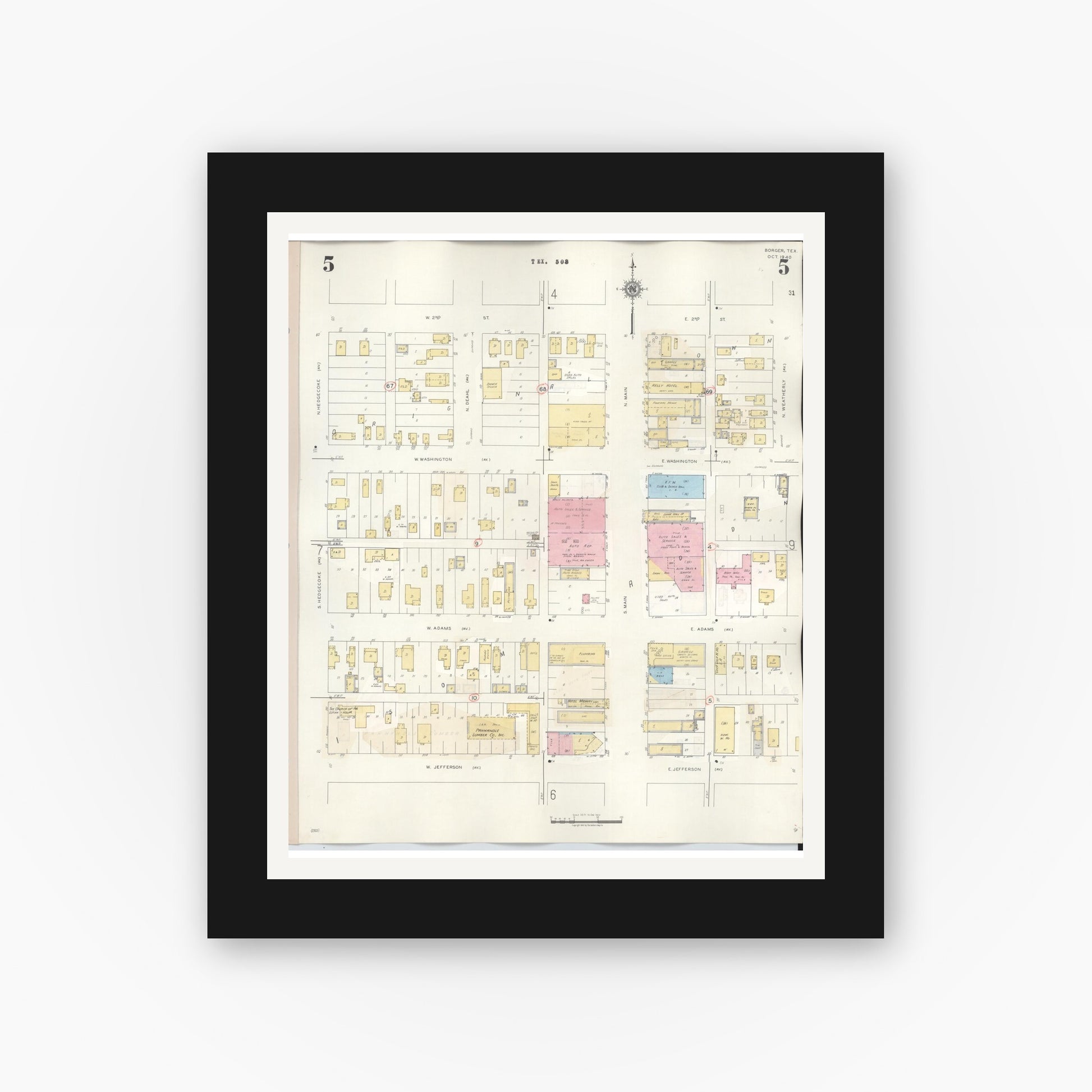 Old map wall art mockup — black gallery frame with white mat — Sanborn Fire Insurance Map from Borger, Hutchinson County, Texas (1950), Sheet #0005
