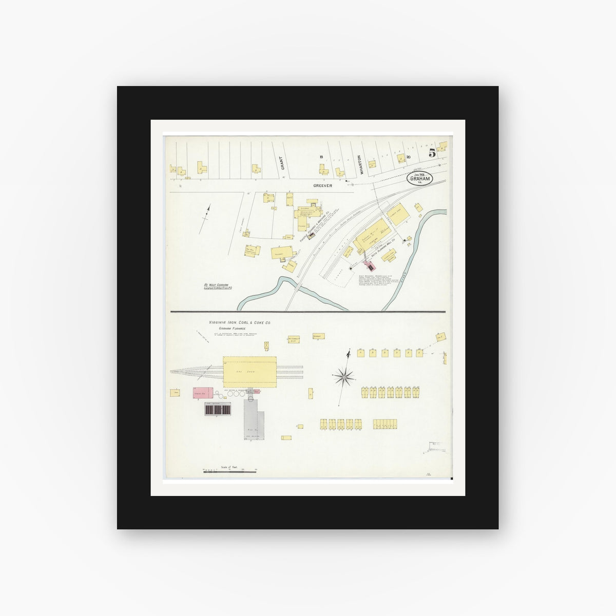 Old map wall art mockup — black gallery frame with white mat — Sanborn Fire Insurance Map from Graham, Tazewell County, Virginia (1908), Sheet #0005