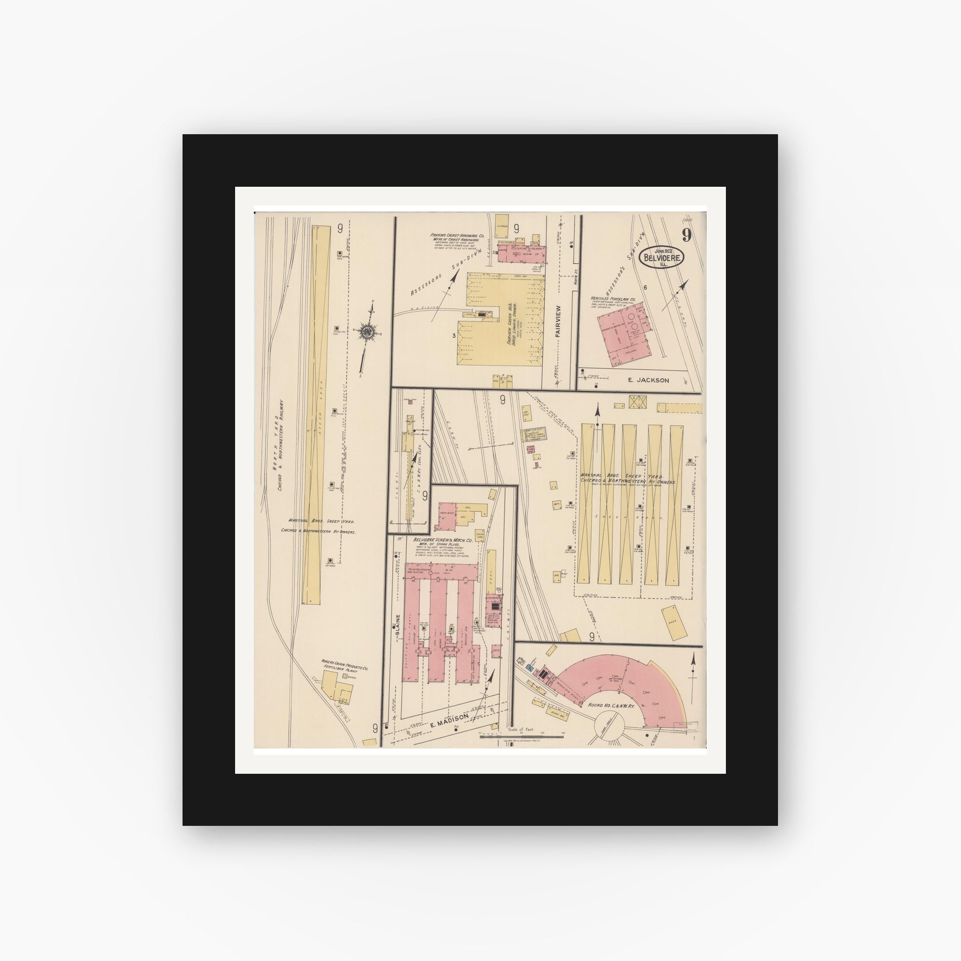 Old map wall art mockup — black gallery frame with white mat — Sanborn Fire Insurance Map from Belvidere, Boone County, Illinois (1922), Sheet #0009