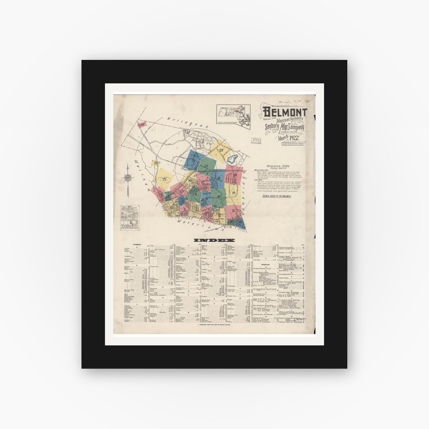 Old map wall art mockup — black gallery frame with white mat — Sanborn Fire Insurance Map from Belmont, Middlesex County, Massachusetts (1922) - Complete Map Set