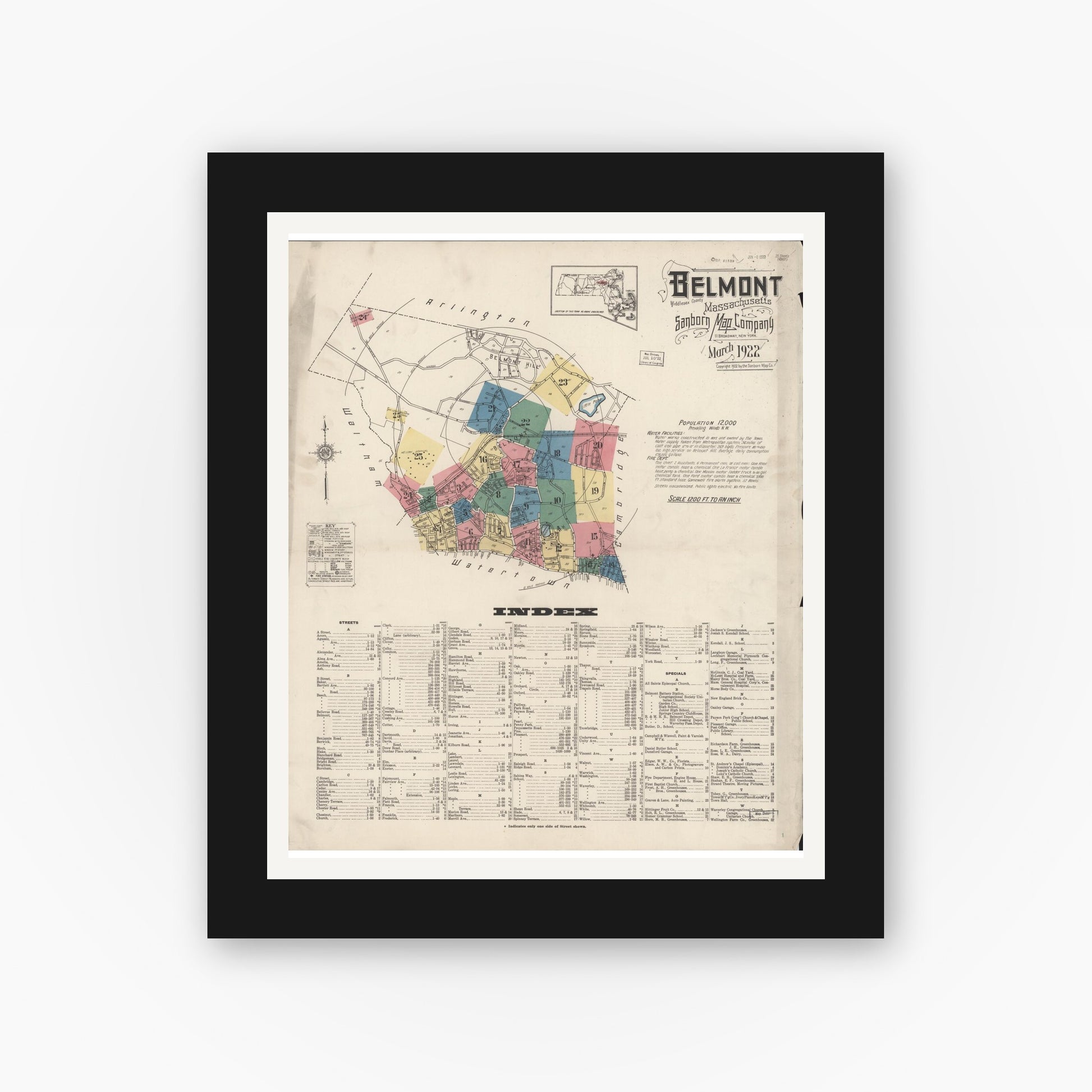Old map wall art mockup — black gallery frame with white mat — Sanborn Fire Insurance Map from Belmont, Middlesex County, Massachusetts (1922) - Complete Map Set