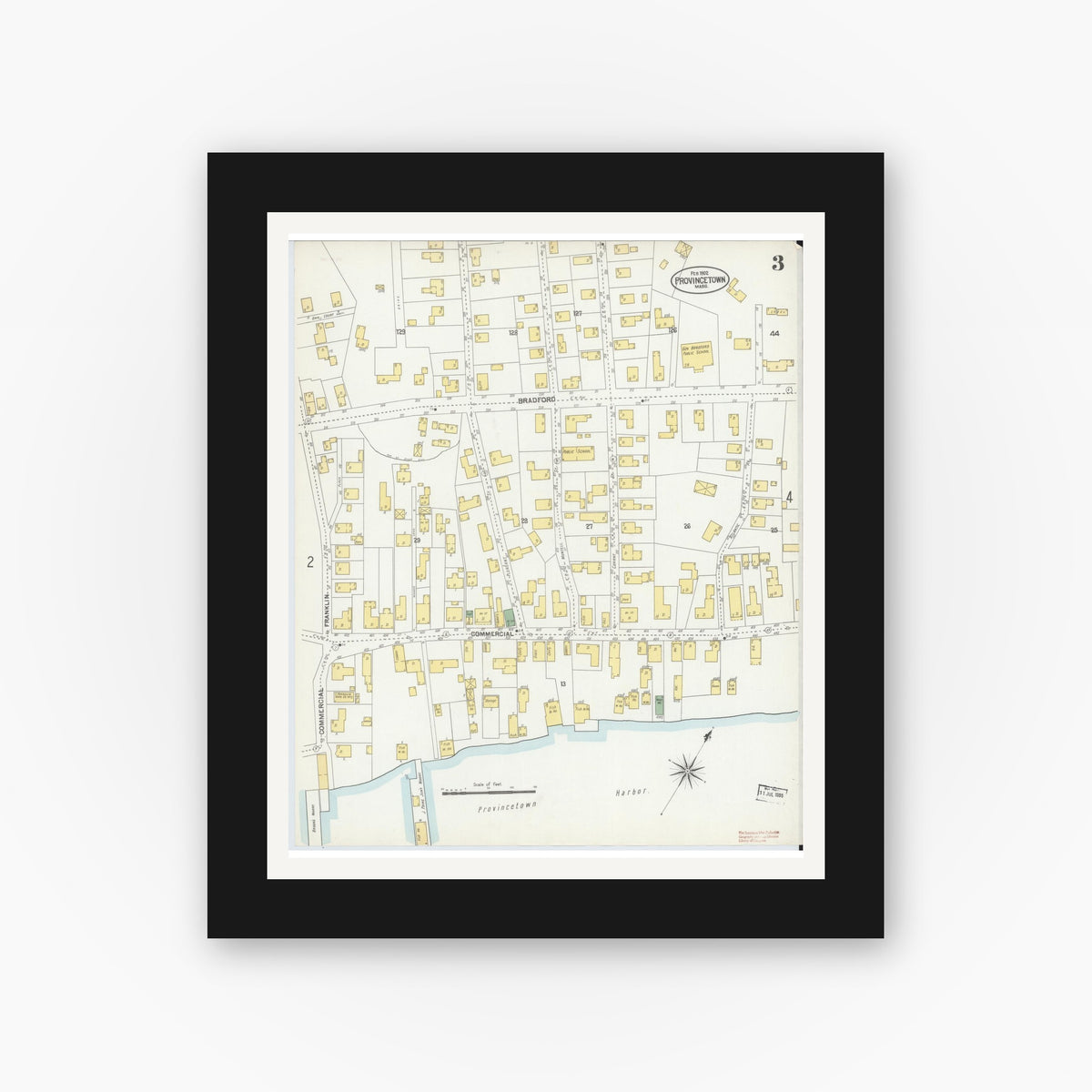 Old map wall art mockup — black gallery frame with white mat — Sanborn Fire Insurance Map from Provincetown, Barnstable County, Massachusetts (1902), Sheet #0003