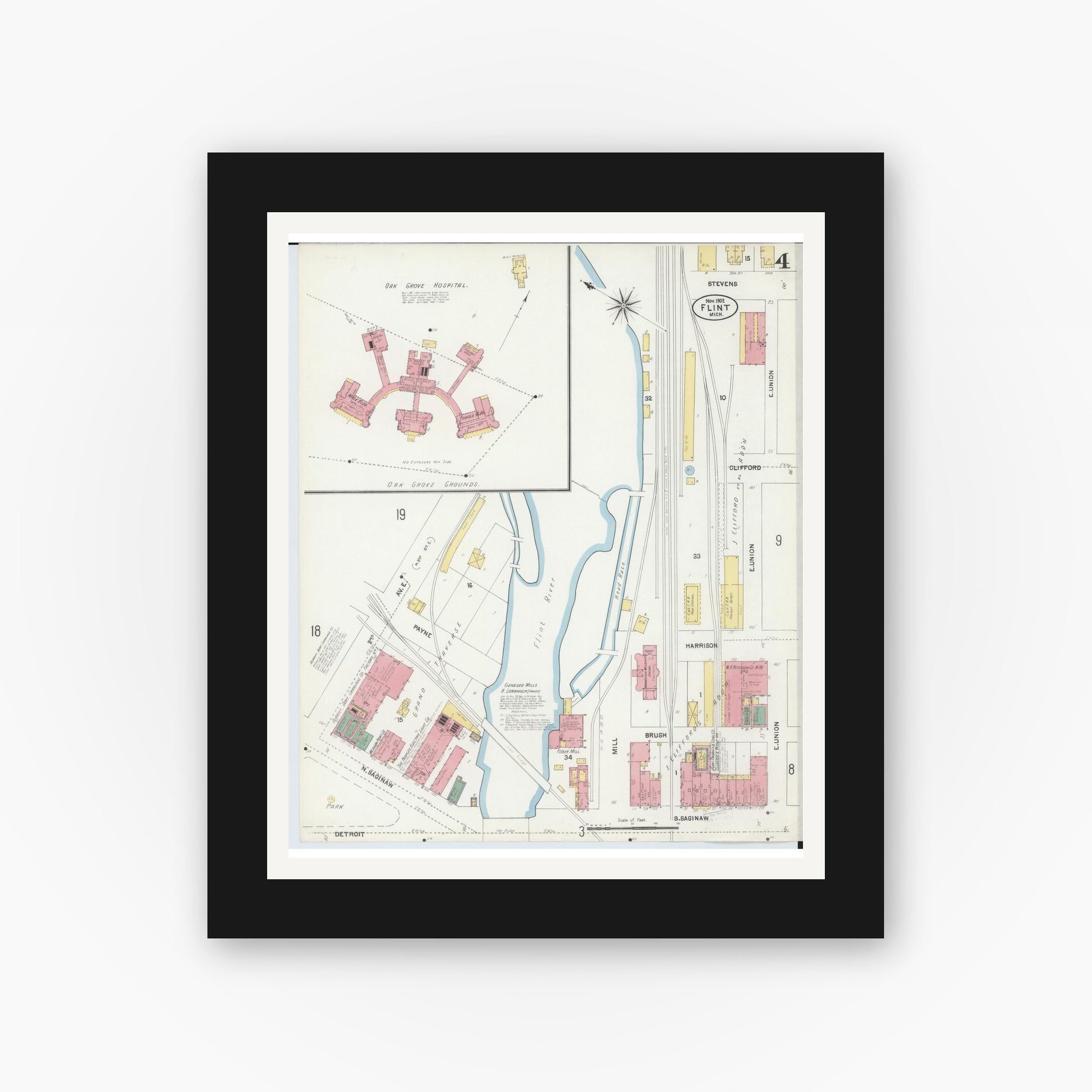 Old map wall art mockup — black gallery frame with white mat — Sanborn Fire Insurance Map from Flint, Genesee County, Michigan (1902), Sheet #0004