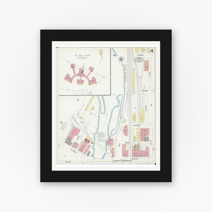Old map wall art mockup — black gallery frame with white mat — Sanborn Fire Insurance Map from Flint, Genesee County, Michigan (1902), Sheet #0004