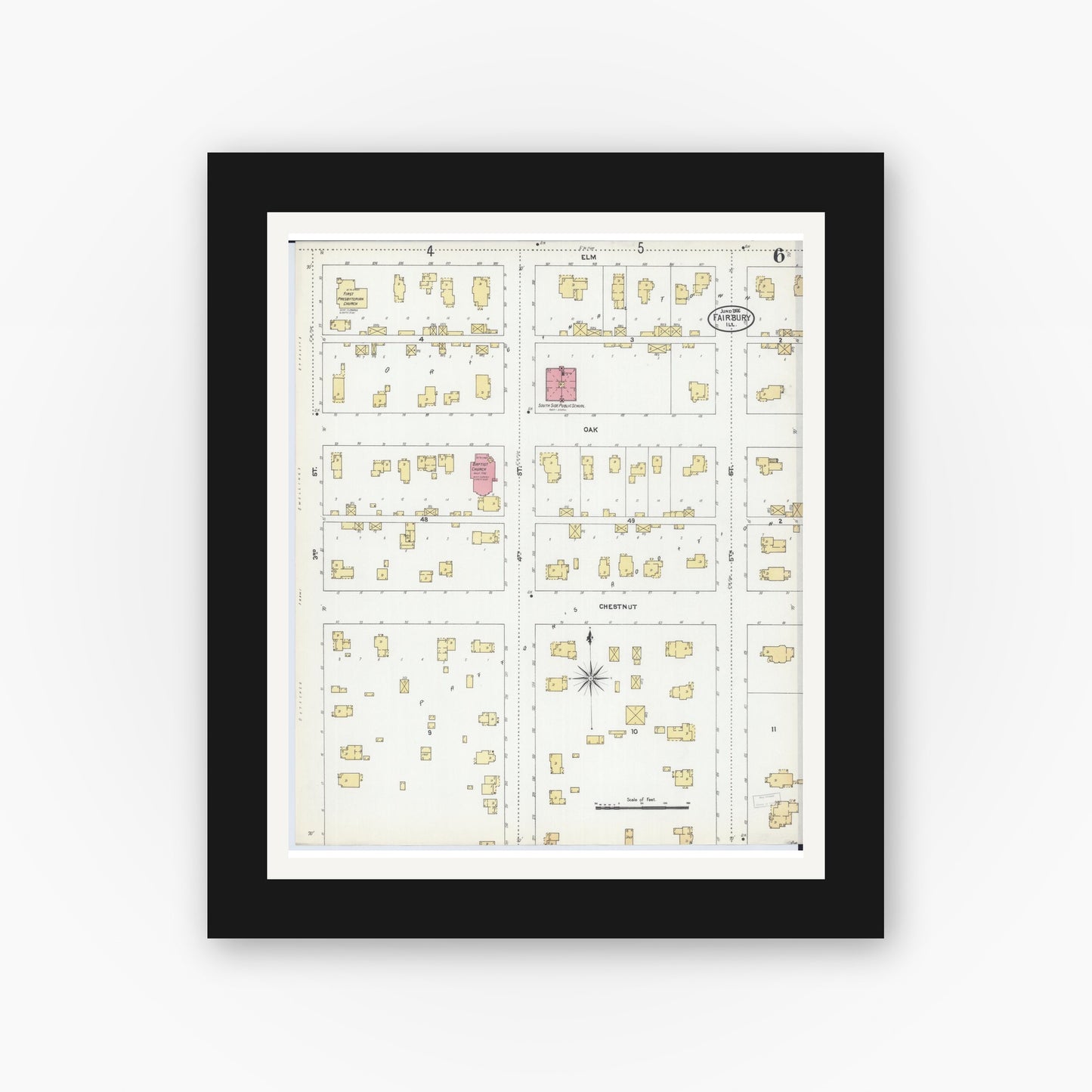Old map wall art mockup — black gallery frame with white mat — Sanborn Fire Insurance Map from Fairbury, Livingston County, Illinois (1906), Sheet #0006