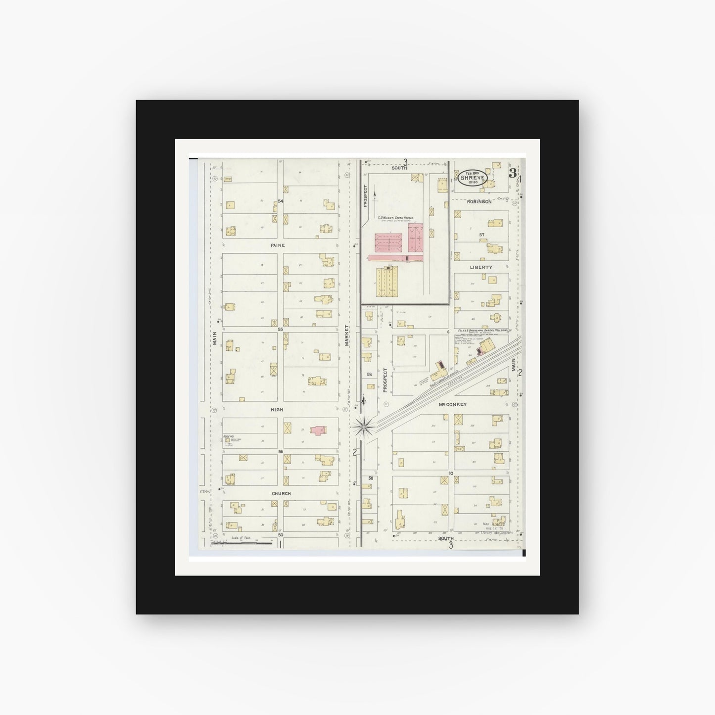 Old map wall art mockup — black gallery frame with white mat — Sanborn Fire Insurance Map from Shreve, Wayne County, Ohio (1905), Sheet #0003