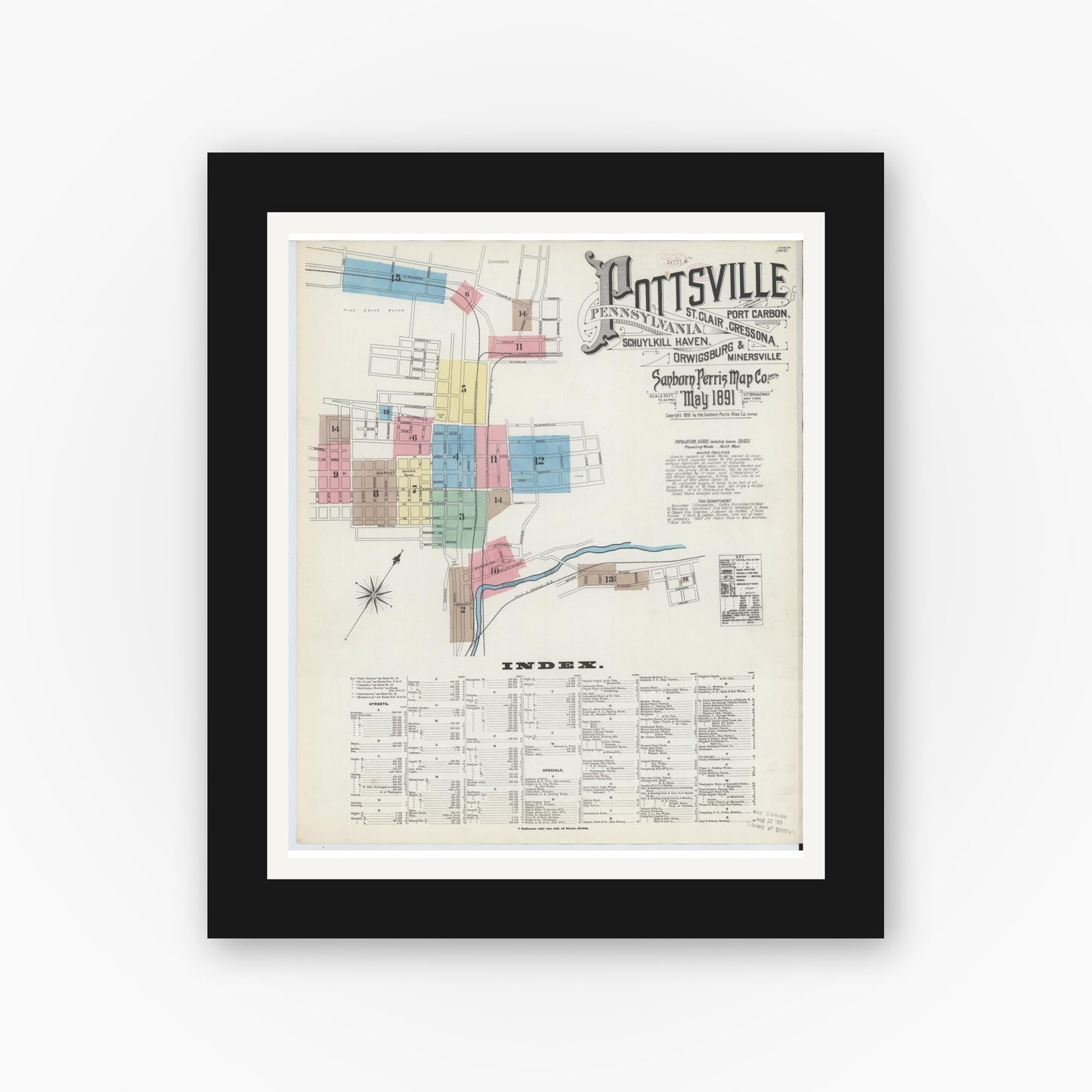 Old map wall art mockup — black gallery frame with white mat — Sanborn Fire Insurance Map from Pottsville, Schuylkill County, Pennsylvania (1891) - Complete Map Set