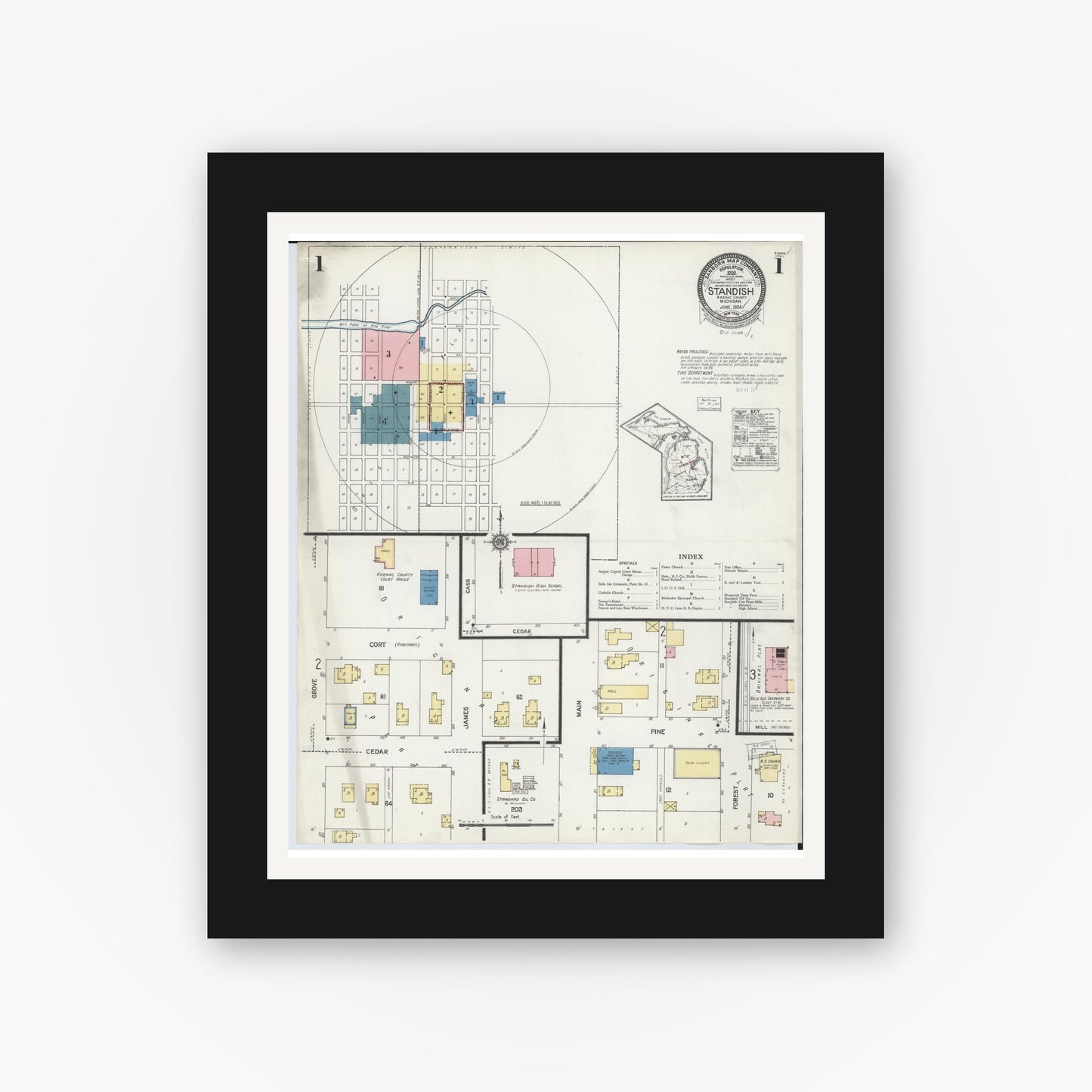 Old map wall art mockup — black gallery frame with white mat — Sanborn Fire Insurance Map from Standish, Arenac County, Michigan (1924) - Complete Map Set