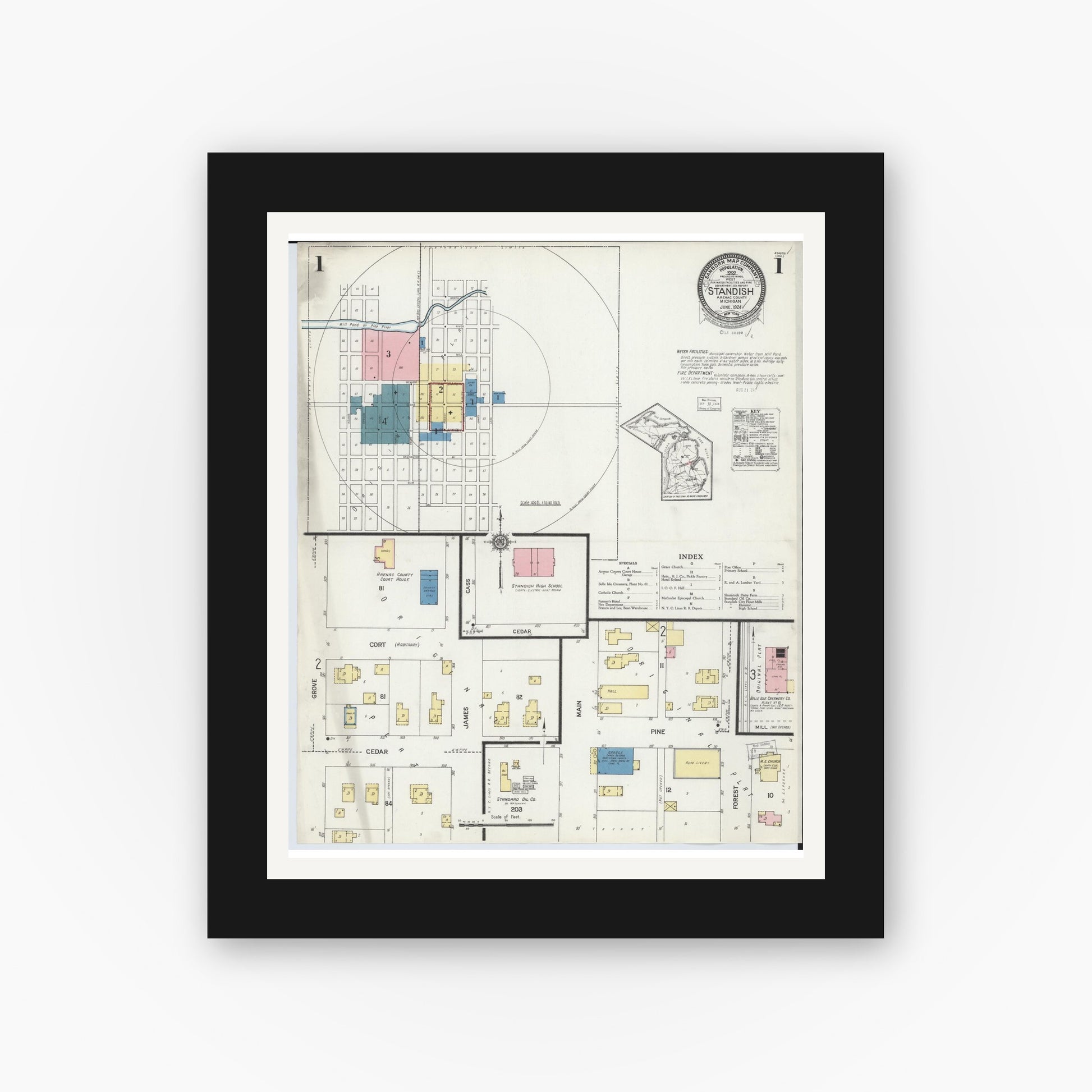 Old map wall art mockup — black gallery frame with white mat — Sanborn Fire Insurance Map from Standish, Arenac County, Michigan (1924) - Complete Map Set