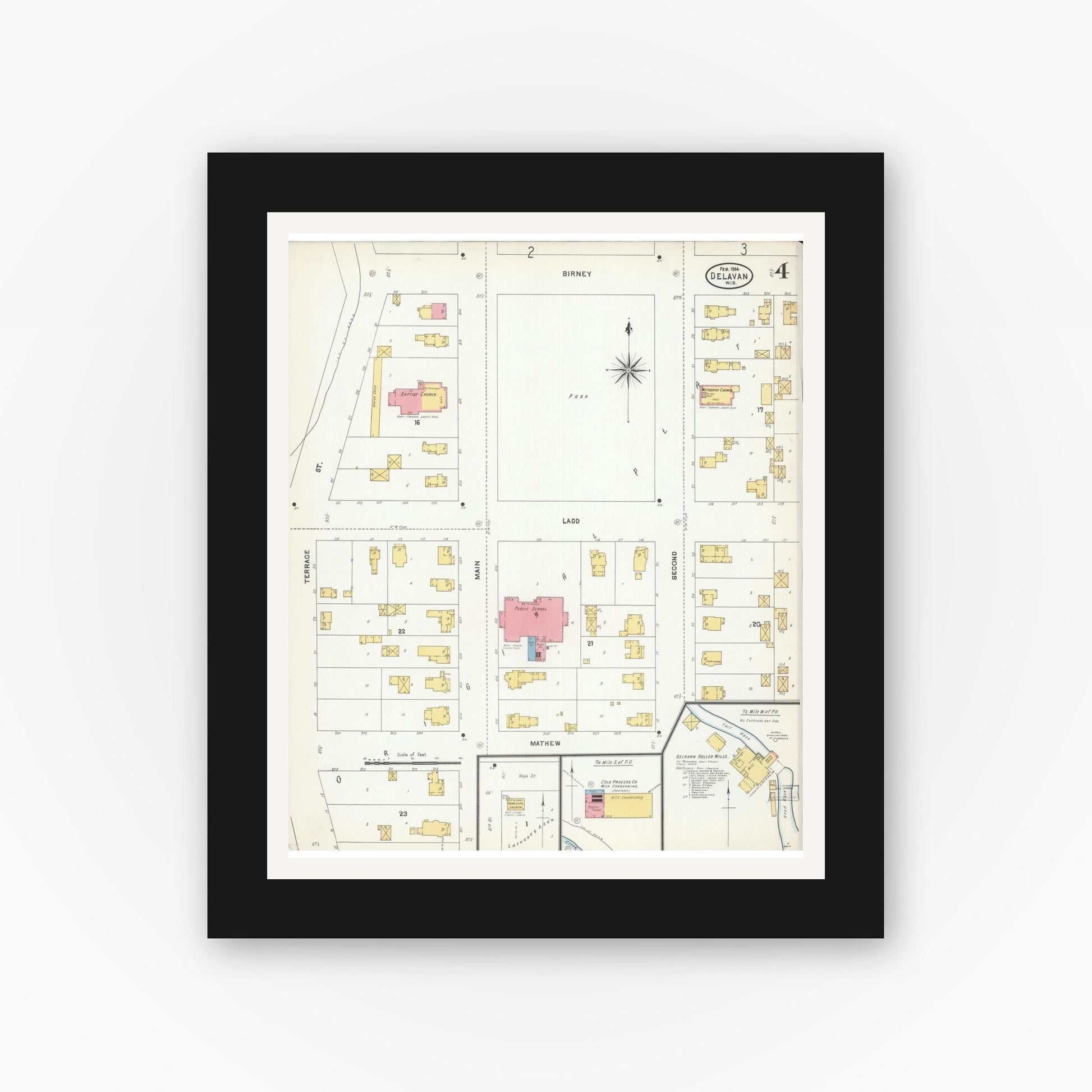 Old map wall art mockup — black gallery frame with white mat — Sanborn Fire Insurance Map from Delavan, Walworth County, Wisconsin (1904), Sheet #0004