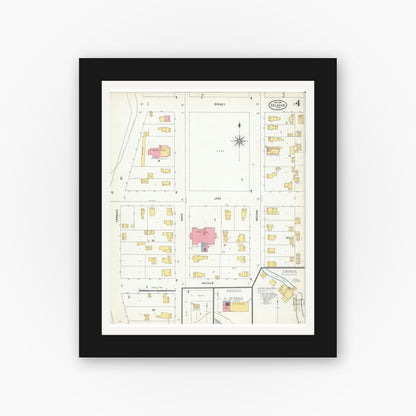 Old map wall art mockup — black gallery frame with white mat — Sanborn Fire Insurance Map from Delavan, Walworth County, Wisconsin (1904), Sheet #0004