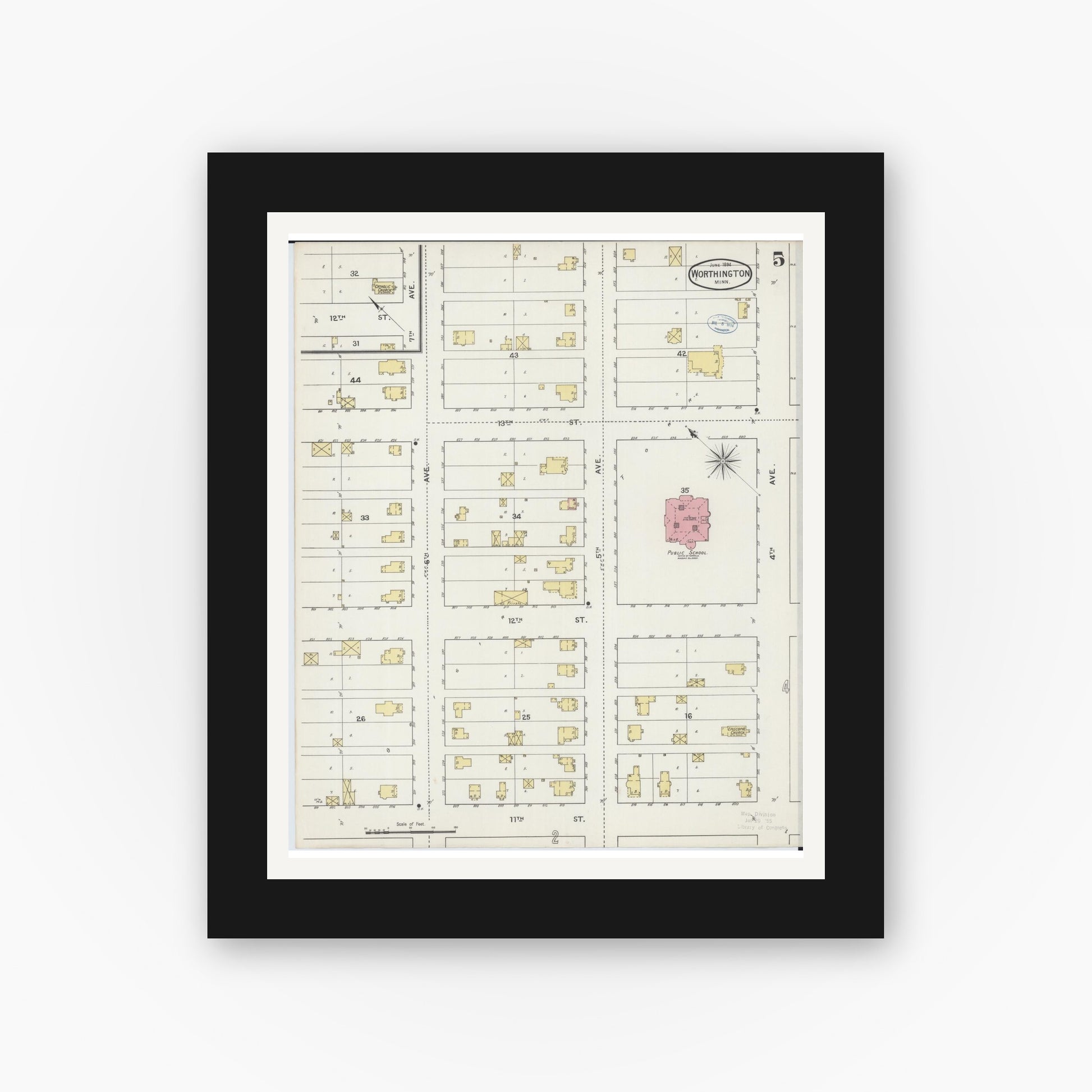 Old map wall art mockup — black gallery frame with white mat — Sanborn Fire Insurance Map from Worthington, Nobles County, Minnesota (1894), Sheet #0005