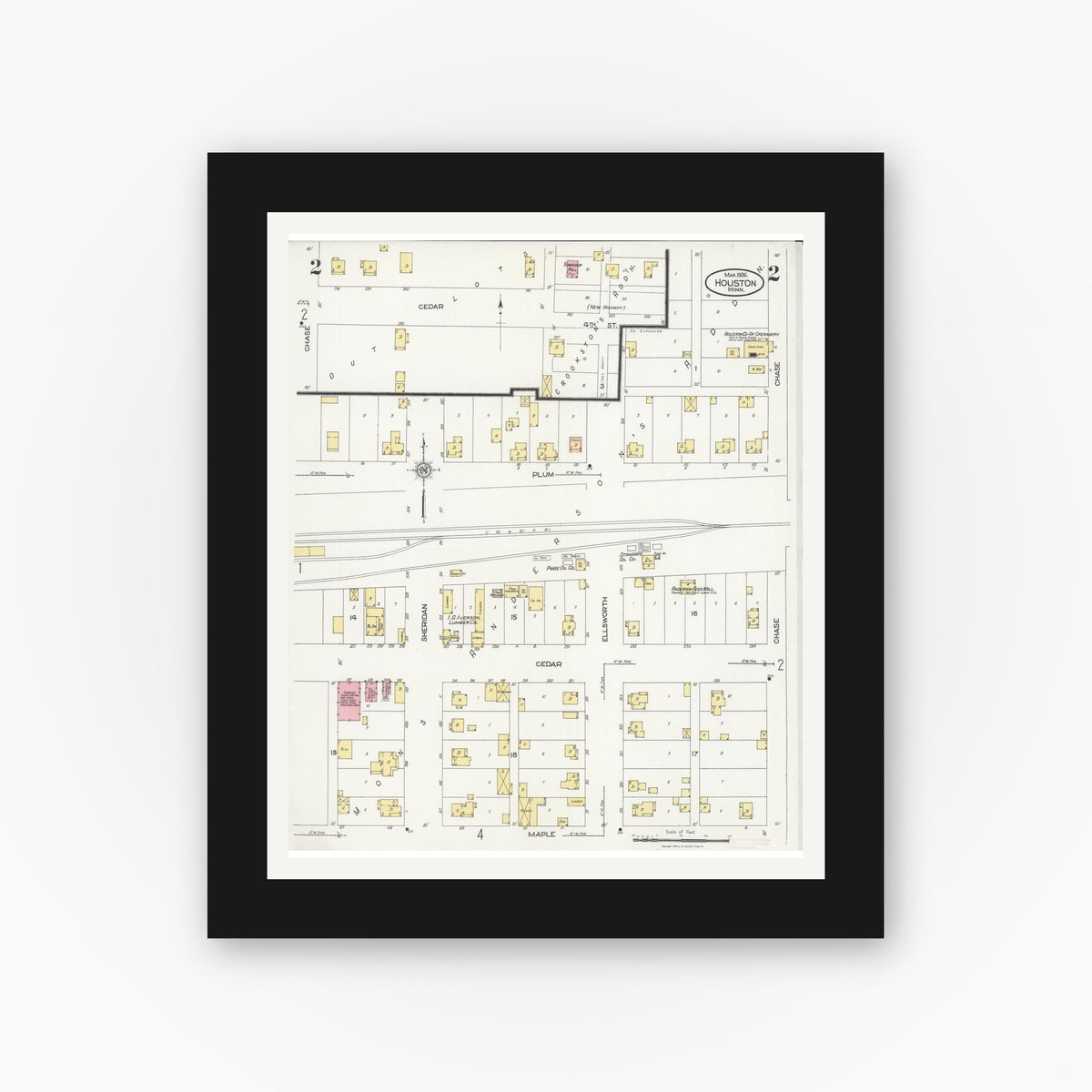 Old map wall art mockup — black gallery frame with white mat — Sanborn Fire Insurance Map from Houston, Houston County, Minnesota (1926), Sheet #0002