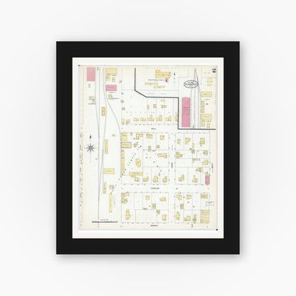 Old map wall art mockup — black gallery frame with white mat — Sanborn Fire Insurance Map from Plainfield, Waushara County, Wisconsin (1908), Sheet #0002