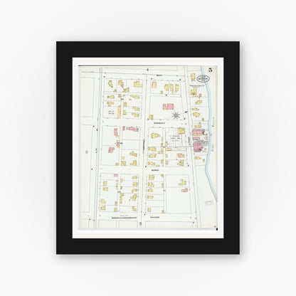 Old map wall art mockup — black gallery frame with white mat — Sanborn Fire Insurance Map from Monroe, Monroe County, Michigan (1899), Sheet #0005