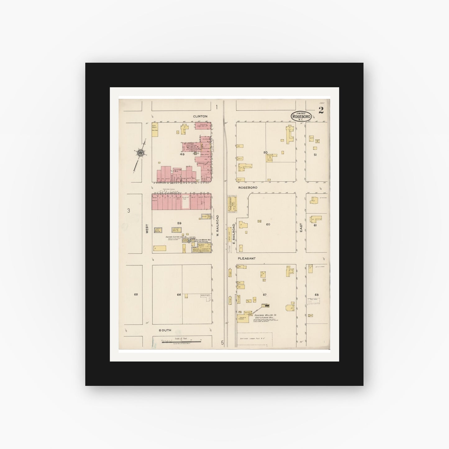 Old map wall art mockup — black gallery frame with white mat — Sanborn Fire Insurance Map from Roseboro, Sampson County, North Carolina (1922), Sheet #0002