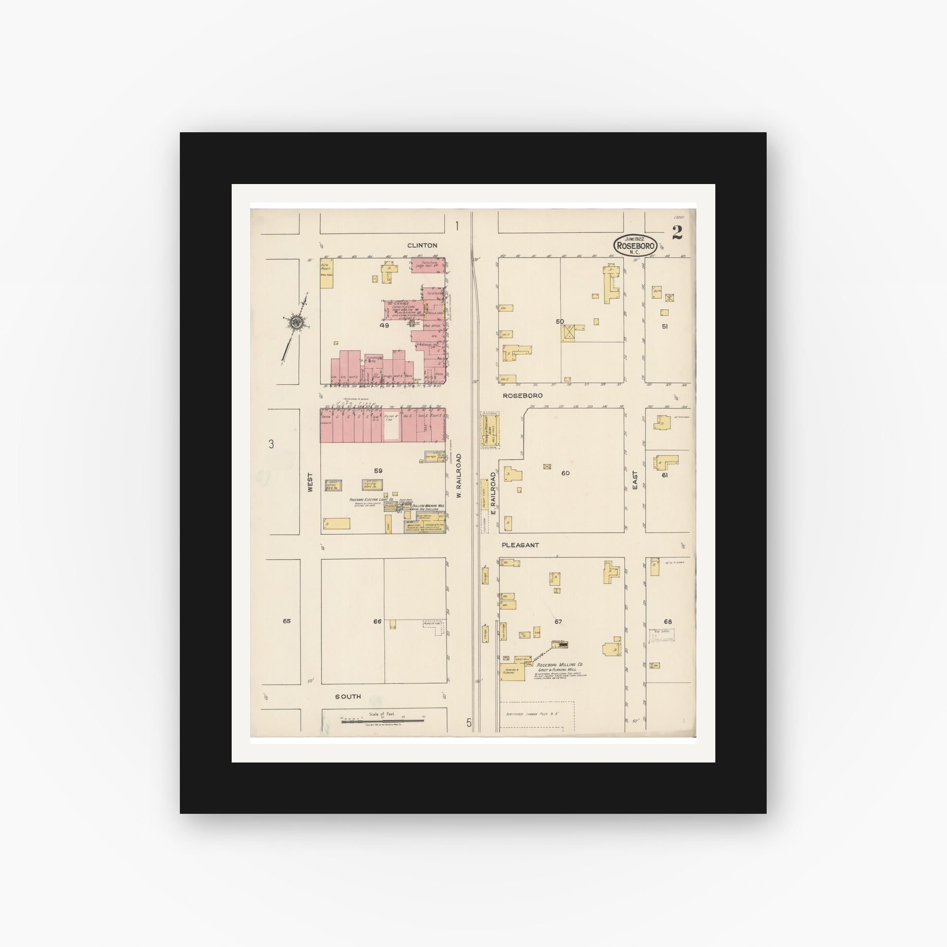 Old map wall art mockup — black gallery frame with white mat — Sanborn Fire Insurance Map from Roseboro, Sampson County, North Carolina (1922), Sheet #0002