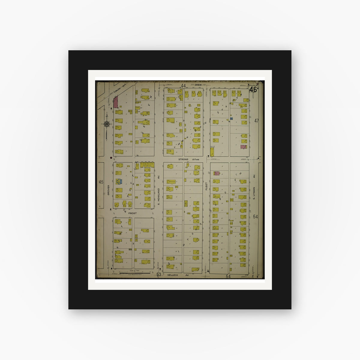 Old map wall art mockup — black gallery frame with white mat — Sanborn Fire Insurance Map from Kenosha, Kenosha County, Wisconsin. (1918), Sheet 50