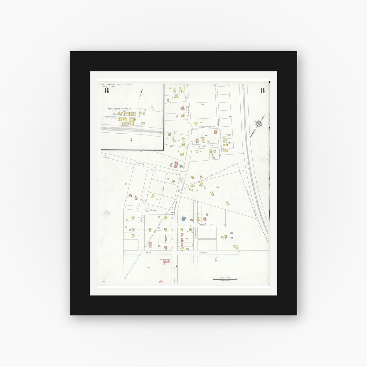 Old map wall art mockup — black gallery frame with white mat — Sanborn Fire Insurance Map from Williamsburg, Independent Cities, Virginia (1933), Sheet #0008