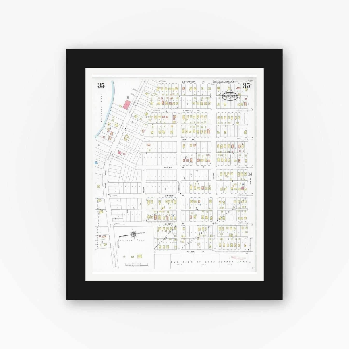 Old map wall art mockup — black gallery frame with white mat — Sanborn Fire Insurance Map from Kankakee, Kankakee County, Illinois (1930), Sheet #0035