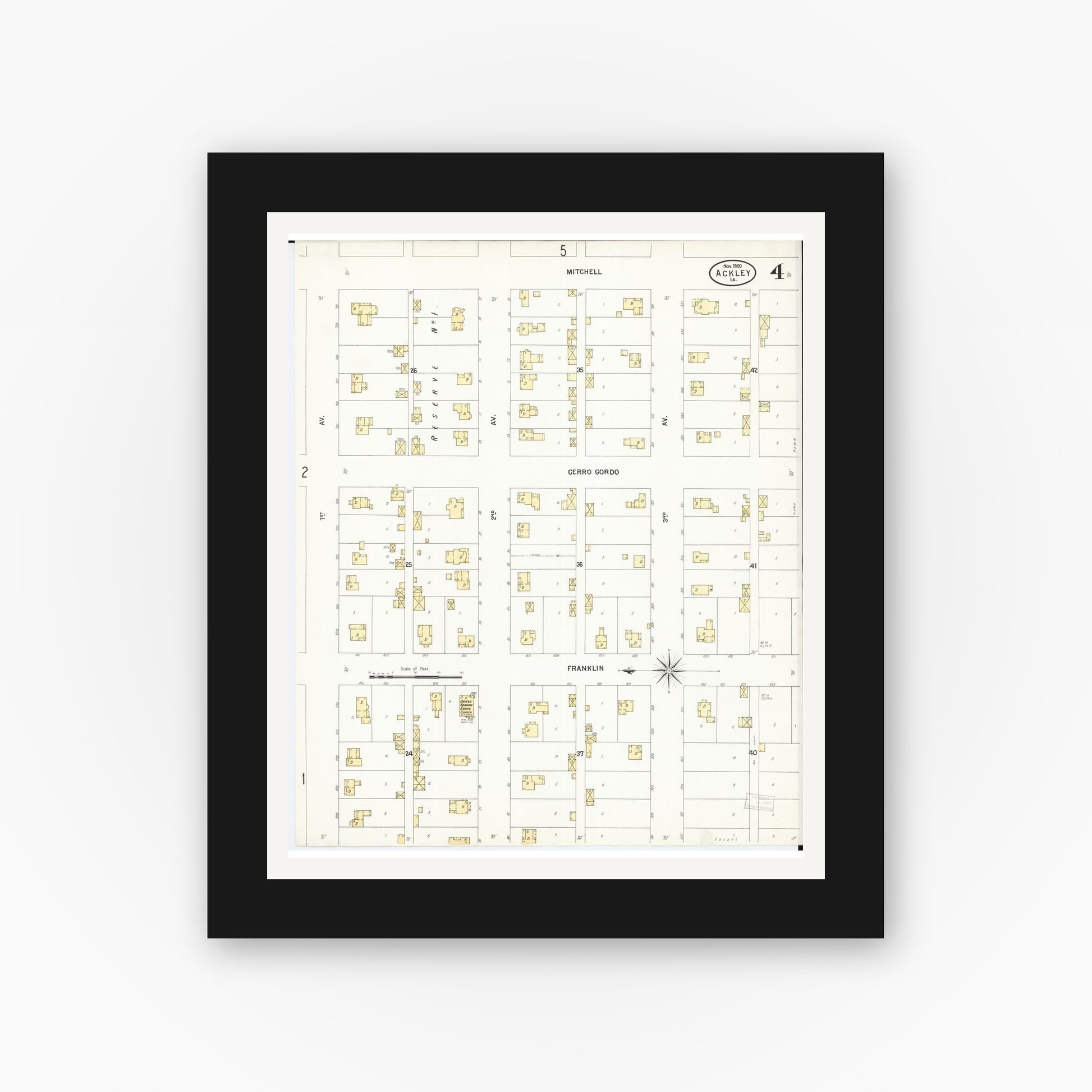 Old map wall art mockup — black gallery frame with white mat — Sanborn Fire Insurance Map from Ackley, Hardin and Franklin Counties, Iowa (1900), Sheet #0004