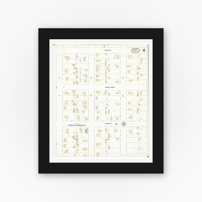 Old map wall art mockup — black gallery frame with white mat — Sanborn Fire Insurance Map from Ackley, Hardin and Franklin Counties, Iowa (1900), Sheet #0004